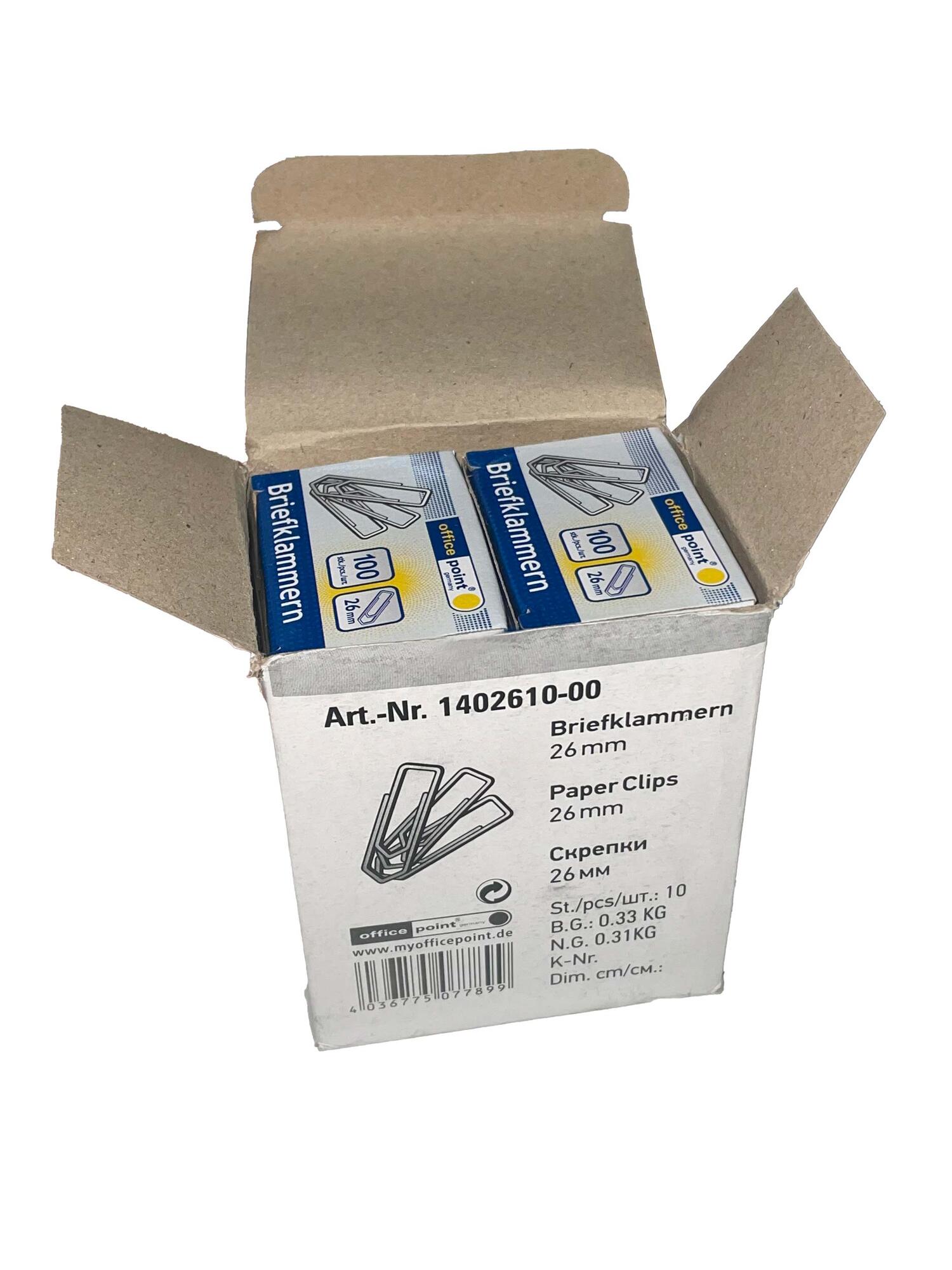 B�roklammern Briefklammern silber verzinkt 26mm (10 packs je 100 Stk) = 1000 Stk.