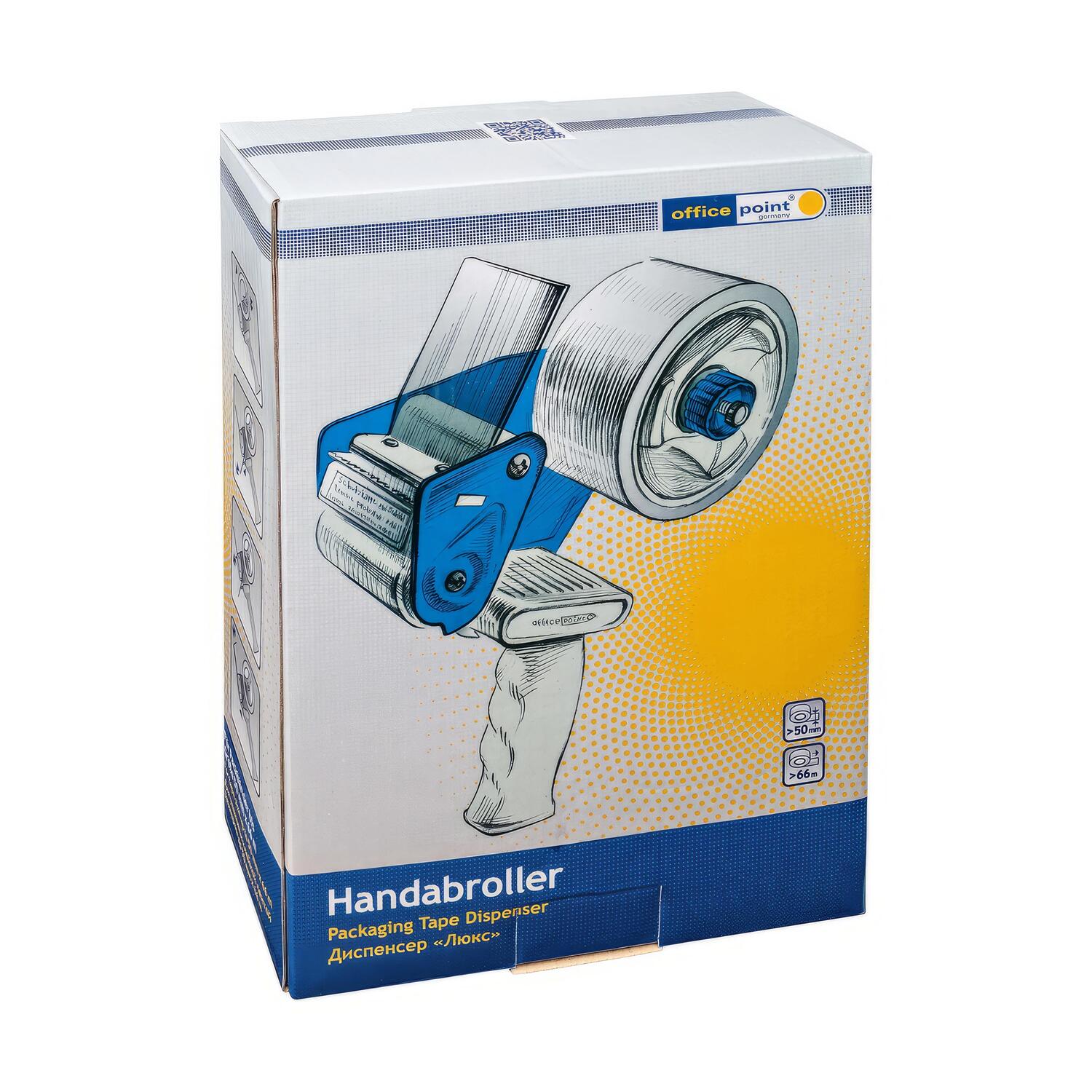Handabroller grau/blau mit Andrucklasche & Rollenbremse fr 50mm x 66m Packband
