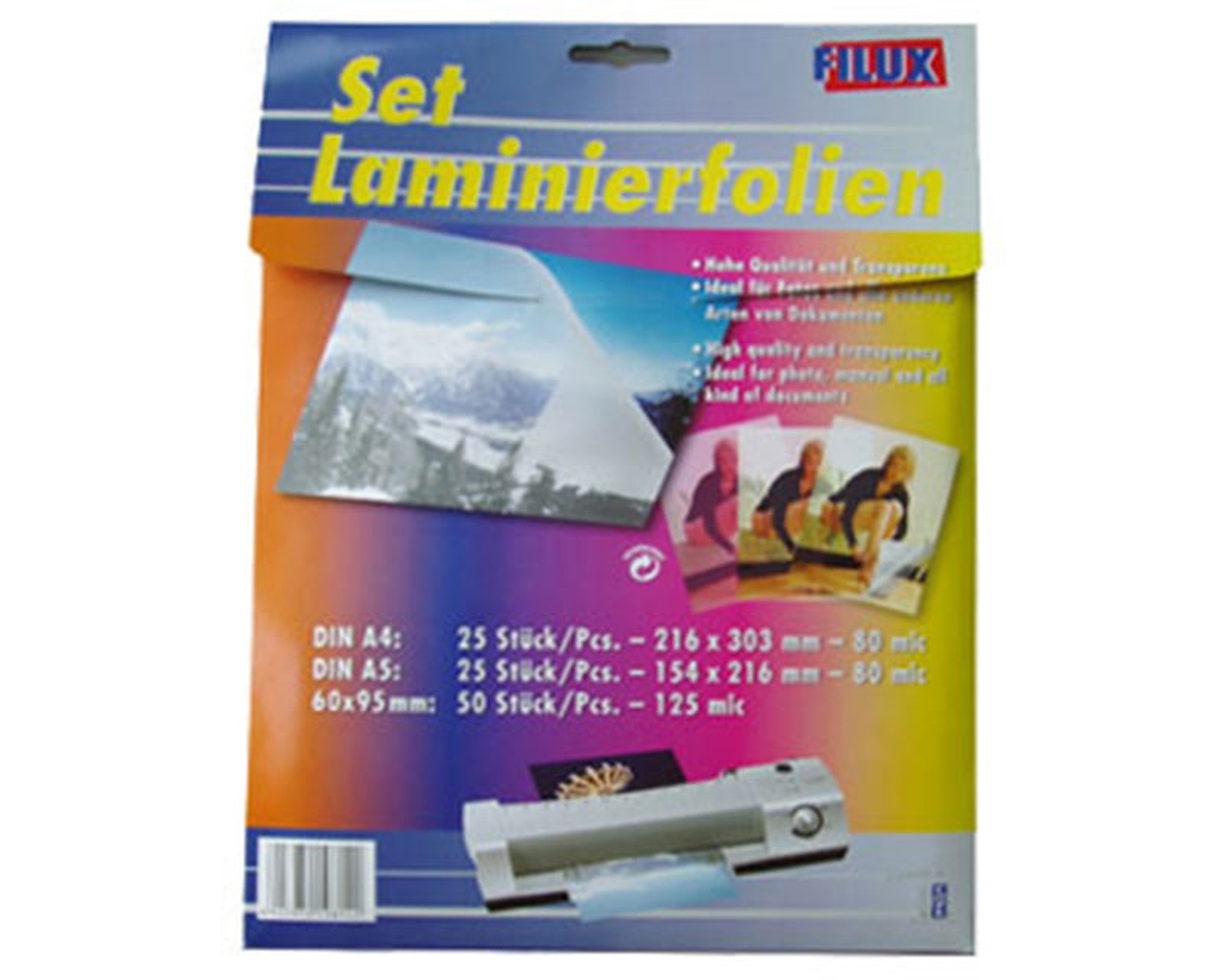 FILUX Laminierfolien Set A4, A5 und Visitenkartengrsse, 100 Stk.