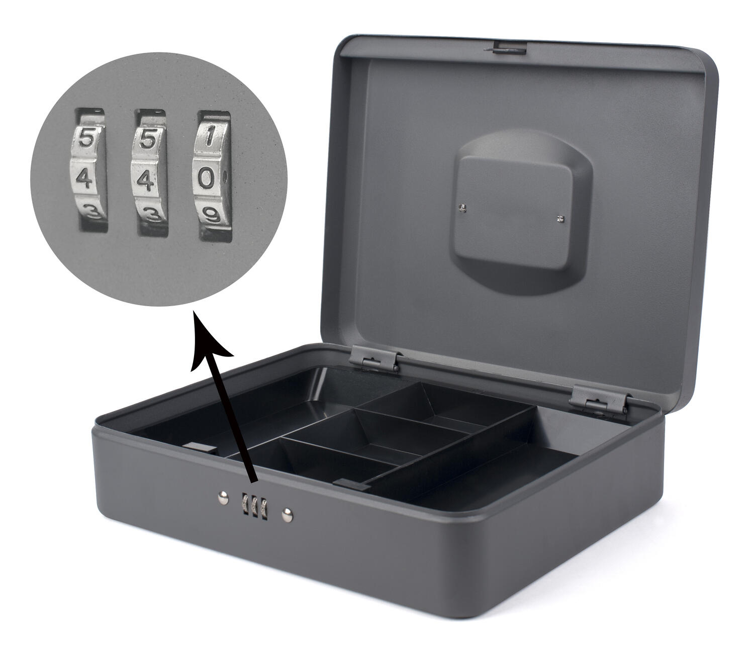 Geldkassette mit Zahlenschloss 300 mm, herausnehmbare M�nzf�cher dunkelgrau