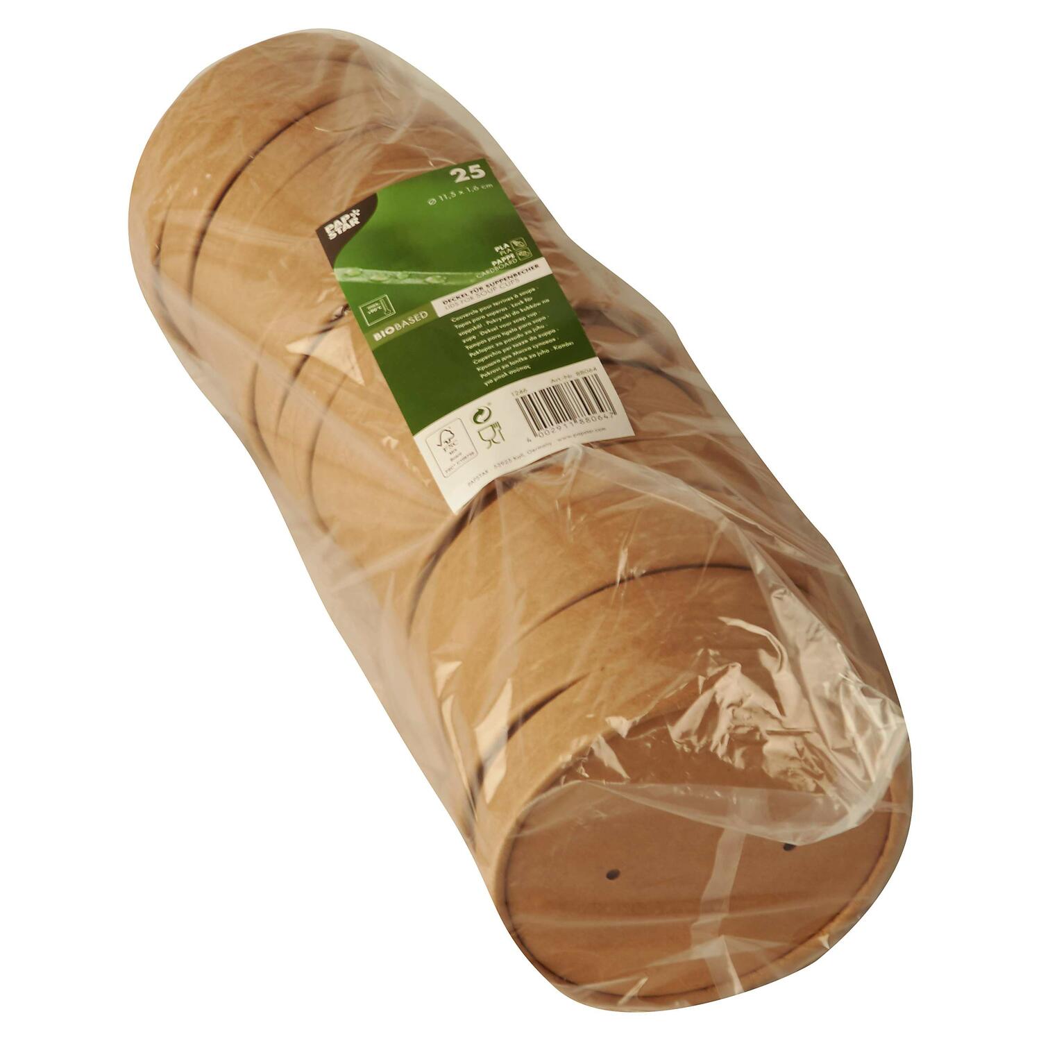 Deckel f�r Bio-Suppenbecher Pappe rund �11,5cm braun biologisch abbaubar 25 Stk.