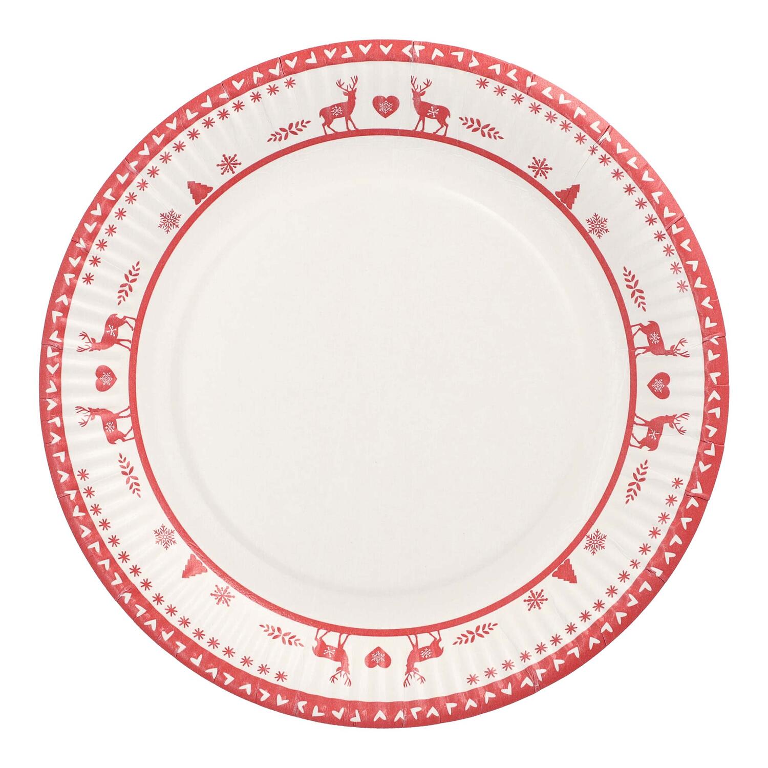 Pappteller rund  23 cm mit Motiv Nordische Rentiere wei/rot, 10 Stk.