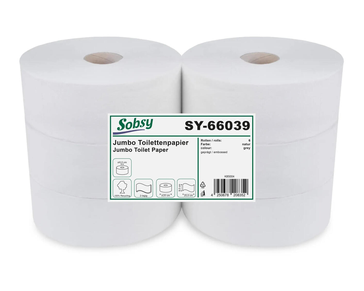 Jumbo Toilettenpapier 2-lagig Recyclingpapier Kerndurchmesser 6.0 cm, 6 Rollen