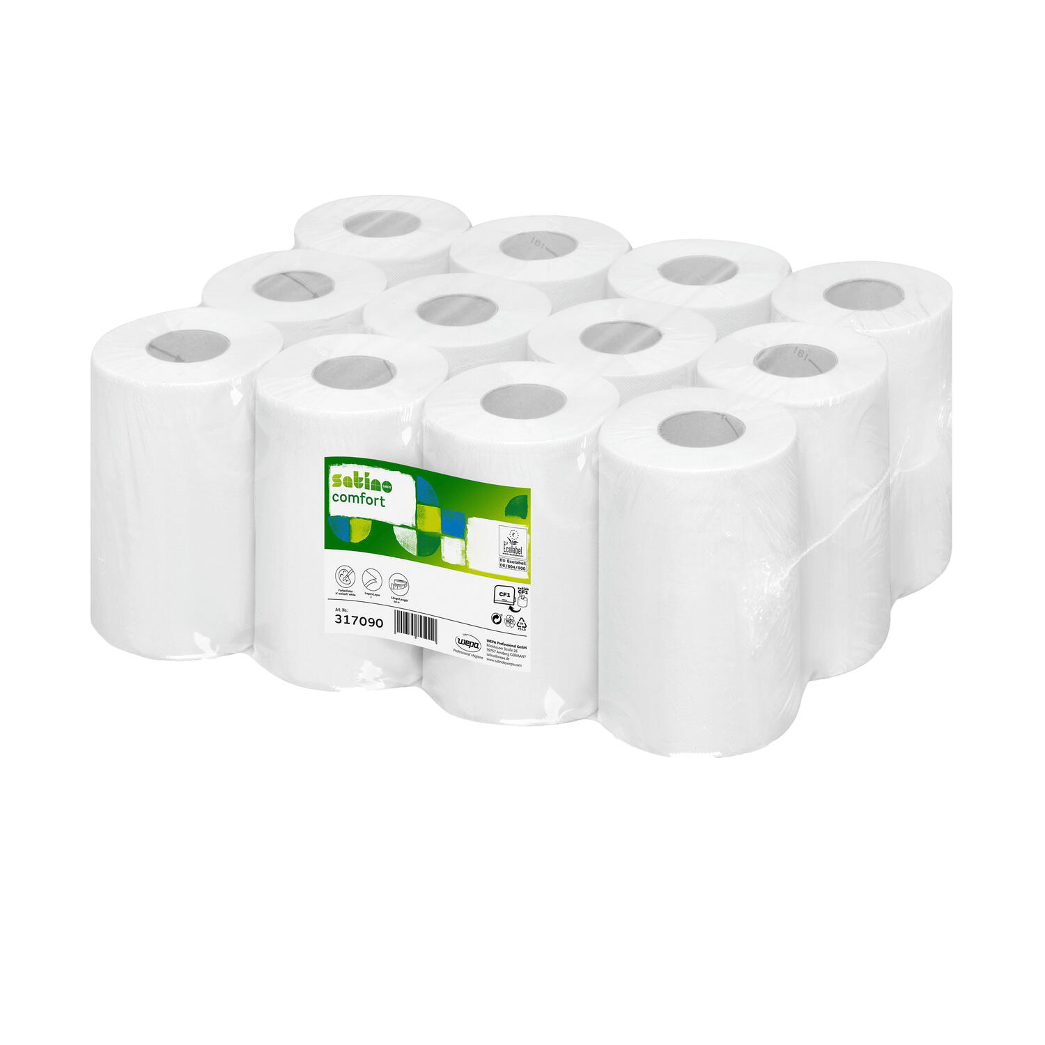 Satino Comfort Mini Papierhandtuchrolle Innenabrollung CF1, 2-lagig 12 Rollen, 20cm x 68m perforiert