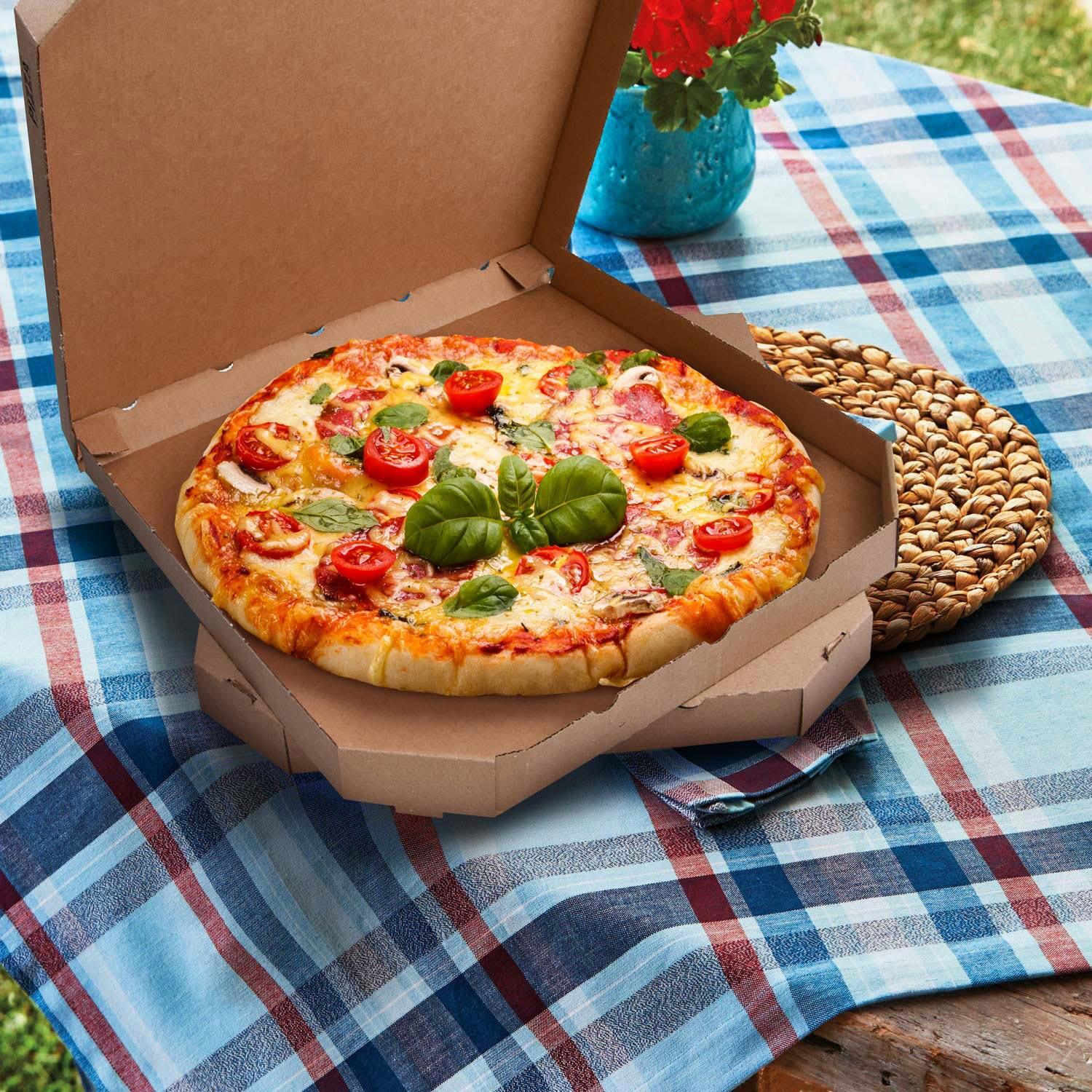 Pizzakarton aus Mikrowellpappe mit neutralem Motiv, 32 x 32 x 3 cm, 100 Stk.