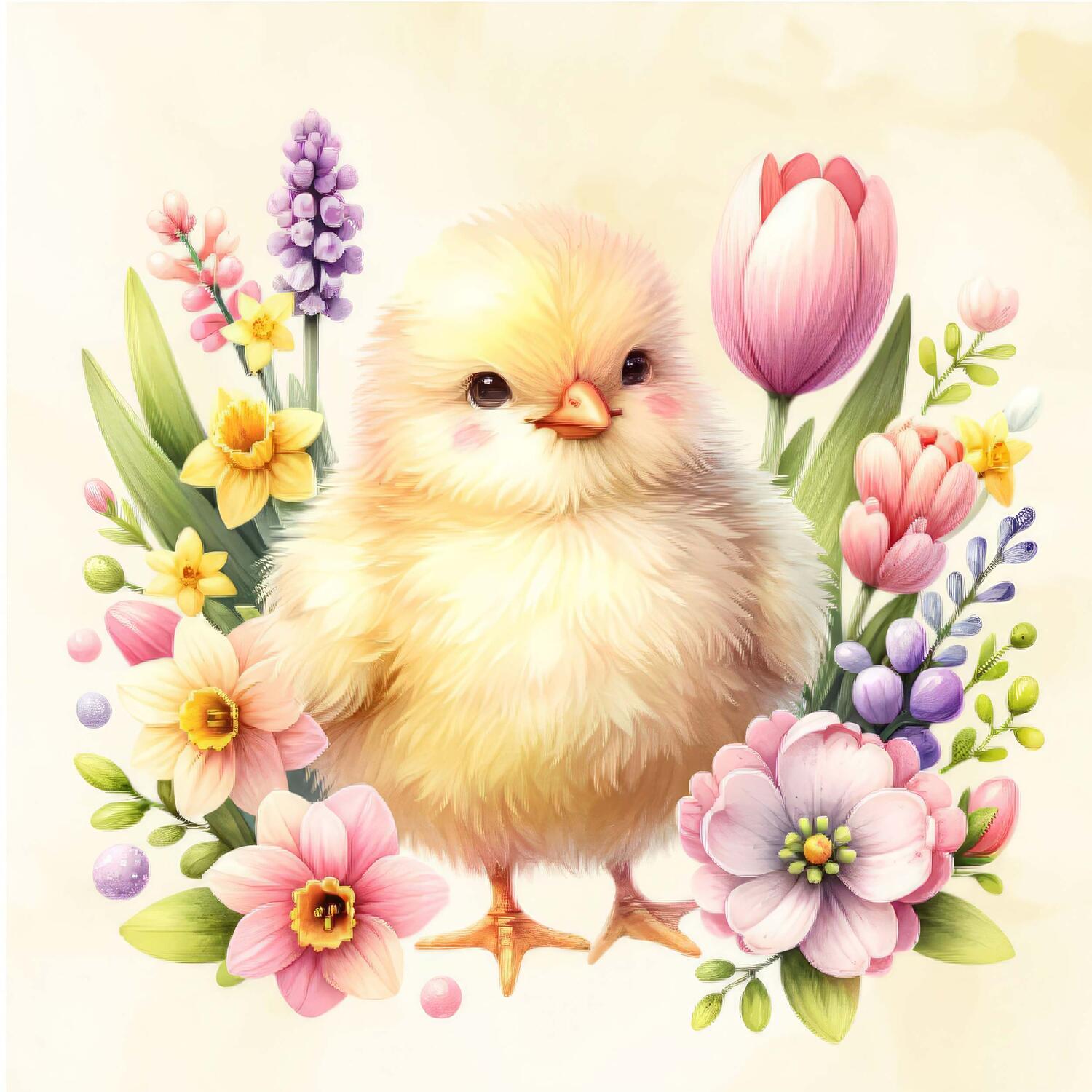 Osterservietten 3-lagig, 33 x 33 cm Motiv K�cken mit Blumen, 20 Stk.